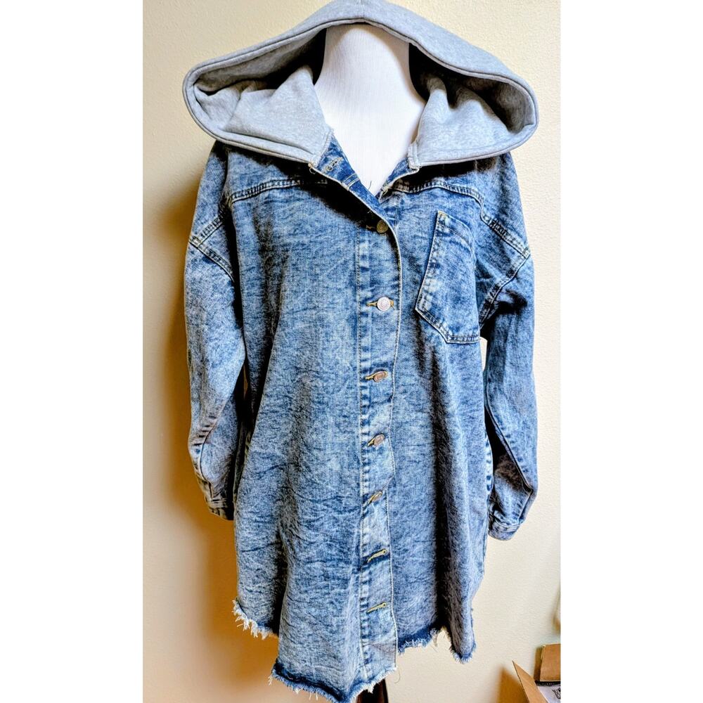 Thrill JeanHooded Denim Jacket | Button Front | Distressed | Blue Gray